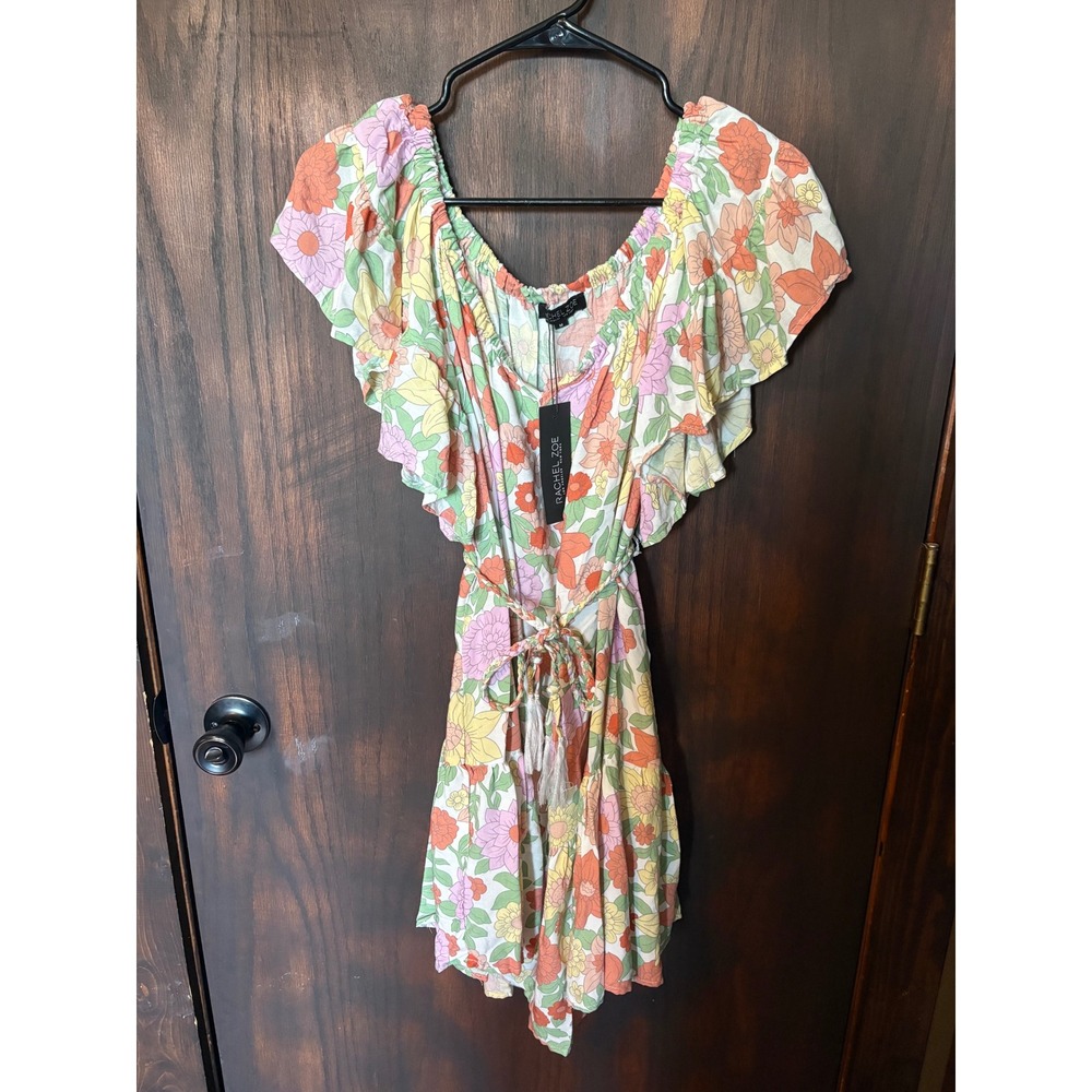 Rachel Zoe Floral Mini Dress Off Shoulder Flutter Sleeve Boho Retro M